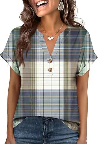Womens Spring Summer Short Sleeve Henley Shirts Trendy Button Down V Neck Tops Casual Dressy Graphic Basic Blouses