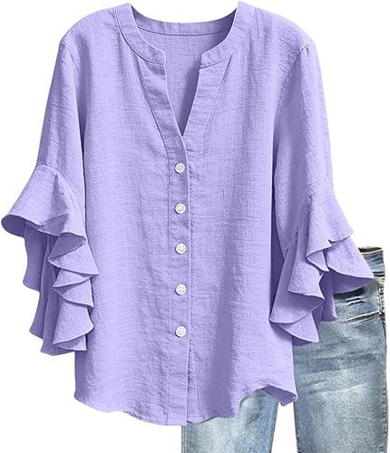 Cotton Linen Tops for Women Ruffle 3/4 Sleeve V Neck Button Down Shirts Spring Summer Beach Casual Gauze Blouses