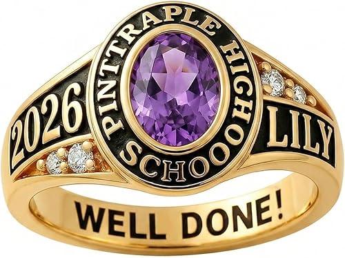 Silver/10K 14K 18K Gold Custom Class Rings for Women High School Graduation Ring with Birthstone Personalized University College Rings for Her-Oval Center