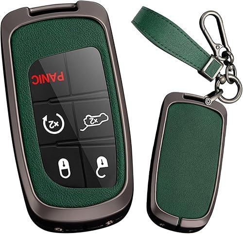 2/3/4/5 Button Smart Key Fob Cover with Keychain Fit for Jeep Remote Key Shell Case Compatible with Jeep Grand Cherokee for Dodge Challenger Charger Key Holder Key Sleeve-Long Chain Green