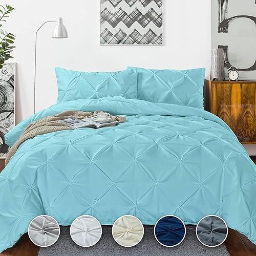 Crown Collection Luxuriate Hotel 1000 TC Hypoallergenic Ultra Soft Design 100% Egyptian Cotton Pinch Plated Duvet Cover with Zipper Colser & 2pcs Pillow Case Set (Full/Full XL/Queen 90x90, Aqua)