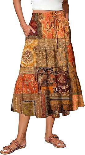 KIKX0DE Womens Summer Fashion Midi Skirts Elastic High Waist Skirt Floral Casual Knee Length Skirt with Pockets