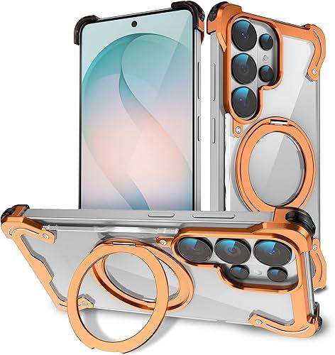 Metal Frameless Magnetic Series for Galaxy S26 Ultra Case,Compatible with Magsafe,Ultra Thin Slim Fit,Holder Kickstand,Transparent Borderless Yet Shockproof Drop Protection,[TJ Orange]