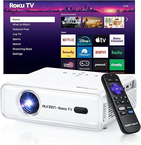 Aurzen Roku TV Smart Projector with Wifi and Bluetooth, Roku Streaming Experience Built-in, 1080P FHD, DoIby Audio, Auto Focus & Keystone, Zoom, Movie Portable Outdoor Mini Projector, White — 38% off