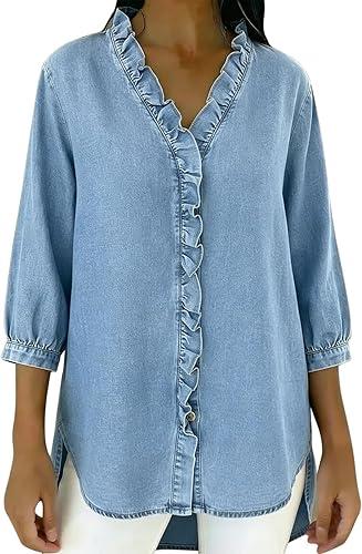 Women's Denim Shirts Button Down 3/4 Sleeve Ruffled Jean Blouses V Neck High Low Hem Denim Tops