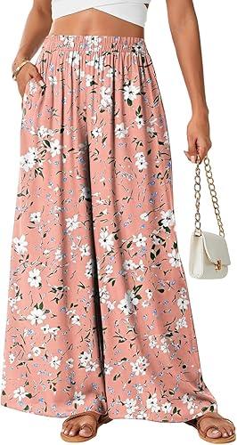 Women's Summer High Waist Palazzo Pants Loose Wide Leg Pants Boho Floral Print Flowy Trousers with Pockets