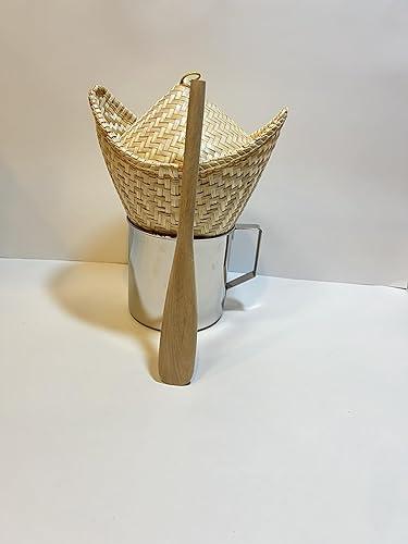 Traditional Sticky Rice Steamer Set with Bamboo Basket, Bamboo lid, and Steel Pot, Travel Size