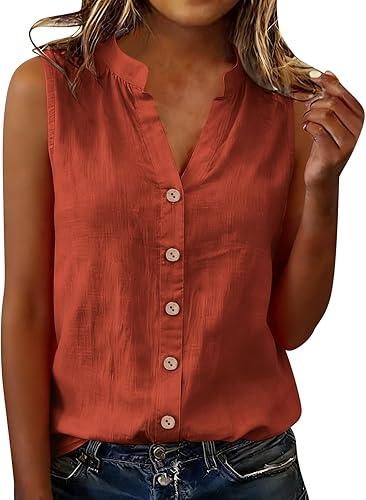 Oplxuo Womens Sleeveless Button Down Shirts Cotton Linen Tank Tops V Neck Dressy Casual Loose Blouses Business Work Tops