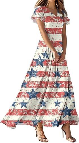Maxi Dresses for Women 2026 Summer American Flag Print 4Th of July Dress Elegant Short Sleeve Flowy Beach Boho Dress