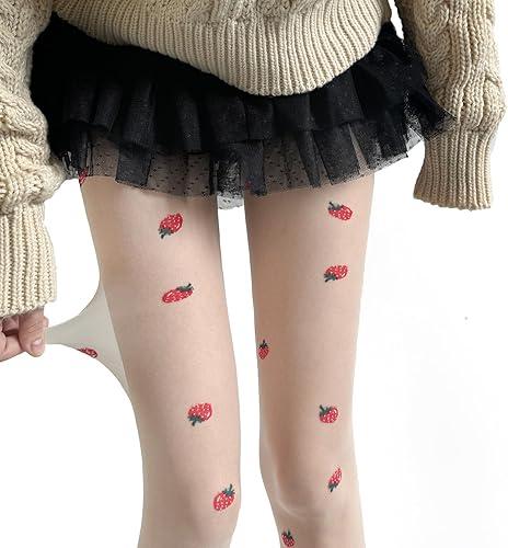 Women Elegant Sheer Tights Strawberry Pattern High Elastic Nylon Pantyhose For Daily Wear And Special Occasion
