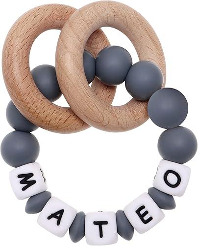 Munchewy Personalized Baby Keepsake Rattles with Name, Customizable Silicone Baby Keepsake Rattle with Natural Organic Beech Wood Rings for Gift (Grey)