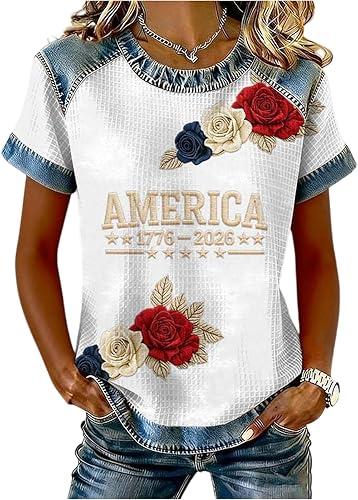 USA 250th Anniversary Shirt for Women | Distressed Denim Trim American Flag Tunic Blouse Patriotic Short Sleeve Top