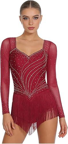 Shinsto Women's Long Sleeve Latin Dance Costume Tango Jazz Dance Dress Rhythmic Gymnastics Leotards