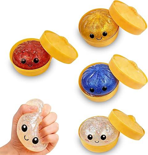 Glitter Dumpling Squishy Box, Mini Bao Bun Toy, Squeeze Dumpling Ball Stress Relief Toys with Food Steamer (4Pcs)