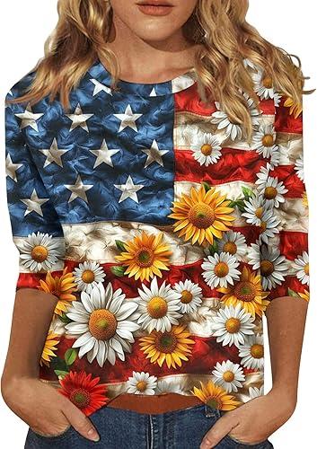 KIKX0DE 4Th of July Shirts Women 3/4 Sleeve Crewneck Cute Shirts Casual Print Three Quarter Length T Shirt