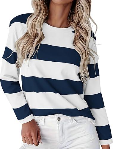 JOFOW Striped Shirts for Women Oversized Long Sleeve Lounge Sweater Color Block T Shirts