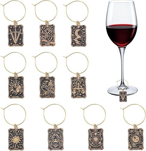 CHGCRAFT 10Pcs Tarot Wine Charm Tarot Alloy Enamel Charms Wine Glass Charm with Brass Glass Charms Ring for Party Decorations