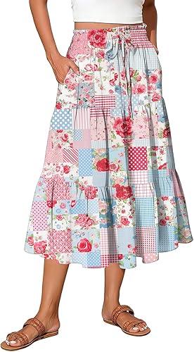 KIKX0DE Womens Summer Fashion Midi Skirts Elastic High Waist Skirt Floral Casual Knee Length Skirt with Pockets