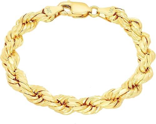 Nuragold 14K Real Yellow Gold Solid Rope Diamond Cut Chain Bracelet 7"-9" (1.5mm-10mm) Italian Jewelry for Men & Women