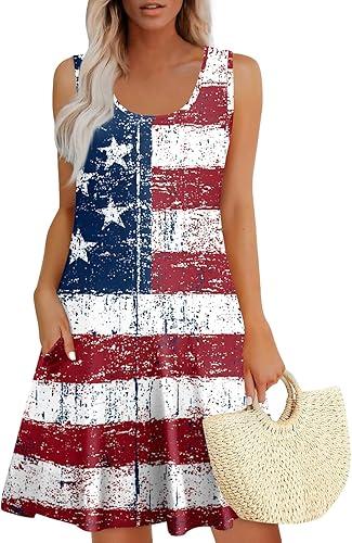 250 Birthday America Crew Neck Sleeveless Pattern Sundresses with Pockets Sexy Flowy Pleated Patriotic Mini Drerss, S-3Xl