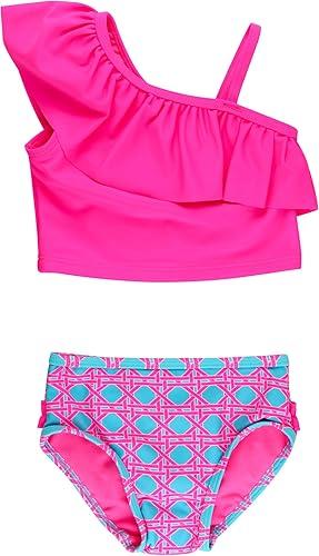 RuffleButts Girls UPF50+ Sun Protection One Shoulder Ruffle Tankini Two Piece Swimsuit