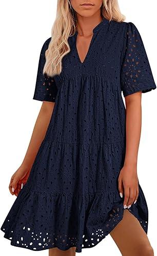 Women's Boho Summer Dresses 2026 Spring V Neck Short Sleeve Hollow Out Lace Ruffle Casual Beach Mini Vacation Dress