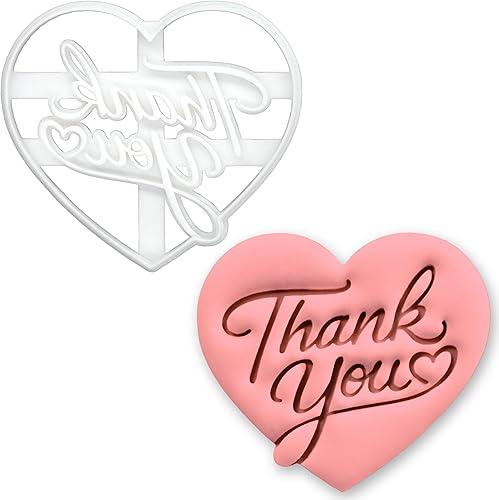 BAKERLOGY Thank You Cookie Cutter – Heart Script Lettering Biscuit Fondant Embosser for Wedding Favors, Appreciation Gift Baking, Teacher Staff Customer Gratitude Cookies