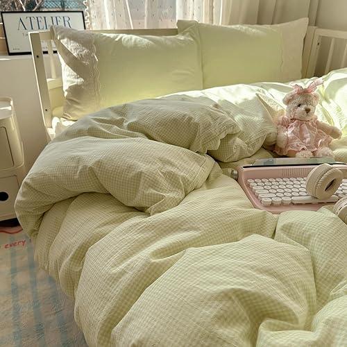 EAVD Green Plaid Duvet Cover Queen Size 3 Pieces Romantic Lace Bedding Set with 2 Pillowcases Breathable Green Checkered Plaid Bedding Set for Women Farmhouse Gingham Duvet Cover with Zipper
