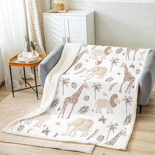 Feelyou Safari Animal Sherpa Blanket Kids Boys Girls Elephant Lion Giraffe Fleece Throw Blanket Twin 60x80 Inches Jungle Animals for Sofa Bed Couch Hunter Brown Rust Wildlife Decor