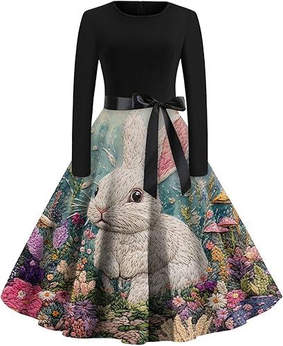 Womens Easter Dresses Long Sleeve Cute Flroal Bunny Print Crew Neck Cocktail Vintage Swing Prom Dress with Belt