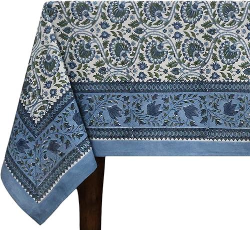 72x108 Inches Rectangle Hand Block Printed Cotton Tablecloth, Blue Green Floral Table Cloths Washable, Indian Table Linen for Valentine Thanksgiving Gifts Home Decor Dinning Outdoor
