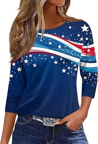 4Th of July Shirts Women 3/4 Sleeve Crewneck Cute Shirts Casual Print T Shirt, S-3Xl