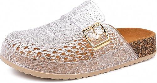 Clear Jelly Mules Clogs for Women Slip On Closed Round Toe Mesh Hollow Flat Jelly Shoes Sandals with Adjustable Buckle Non-Slip Beach Jellies Slides Flats Shoes