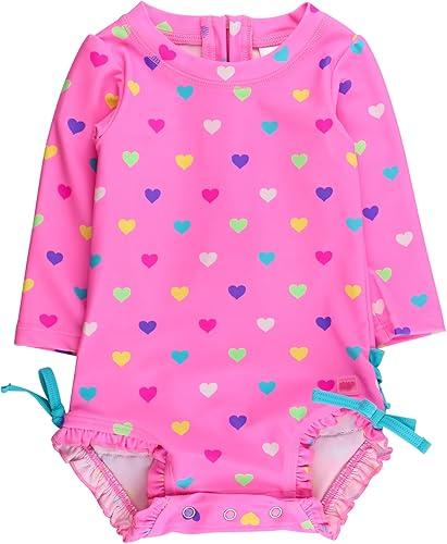RuffleButts Baby Girls UPF 50+ Sun Protection Polka Dot Long Sleeve One Piece Rash Guard Swimsuit with Zipper