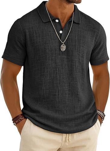 Mens Linen Polo Shirt Short Sleeve Summer Beach Vacation Cotton Linen Shirt Casual Lightweight Button Henley Top