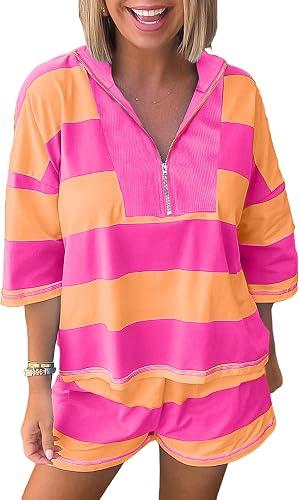 UONBOX Womens Summer 2pcs Set Stripe Seam Detail Half Zip Oversize Tee Shorts Sweatsuits Casual Lounge Outfits With Pockets