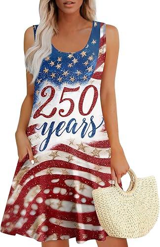 250 Years America Dress for Women Sleeveless Patriotic Beach Dresses U Neck 4Th of July Sundress 2026,S-3XL