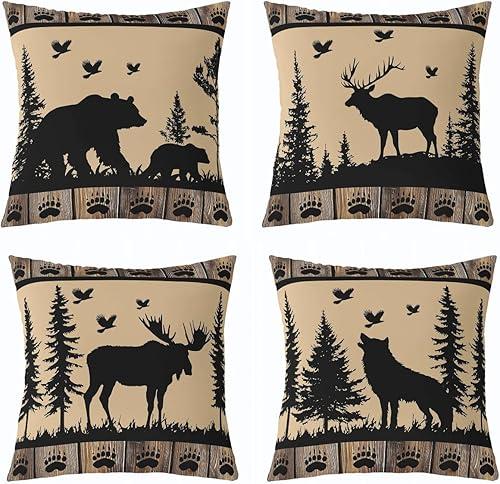 Feelyou Set of 4 Vintage Bear Throw Pillow Covers,Cabin Deer Hunting Cushion Case for Home Living Room Decor, Farmhouse Wolf Camo Duck Moose Brown Decorative Throw Cushion Case, 18x18 Inches