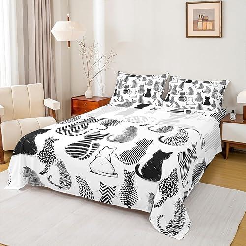 Cute Cat Pattern Fitted Sheet Set Full Size 4 Pcs,Striped Polka Dots Teens Sheets,Cat Kitten Silhouette Bedding Sets (1 Fitted,1 Flat,2 Pillowcases) Luxury Deep Pocket Bed Sheets