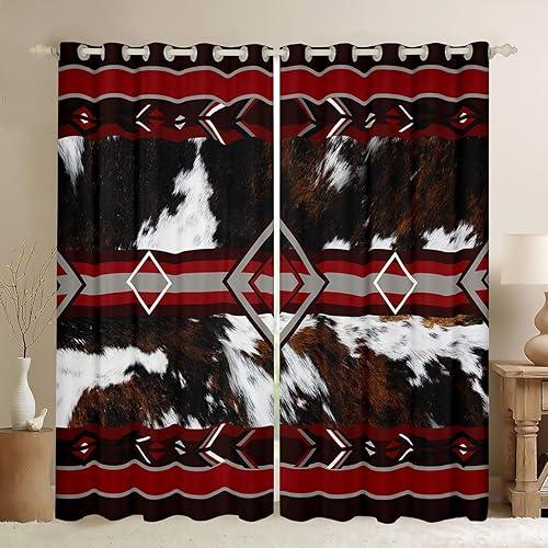 Cow Fur Print Curtains for Bedroom Living Room Western Farm Animal Skin 30%-50% Blackout Shades Cowhide Room Darkening Curtain Cowboy Window Treatments, 2 Panels 52 x 84 Inch Dark Red Brown Decor