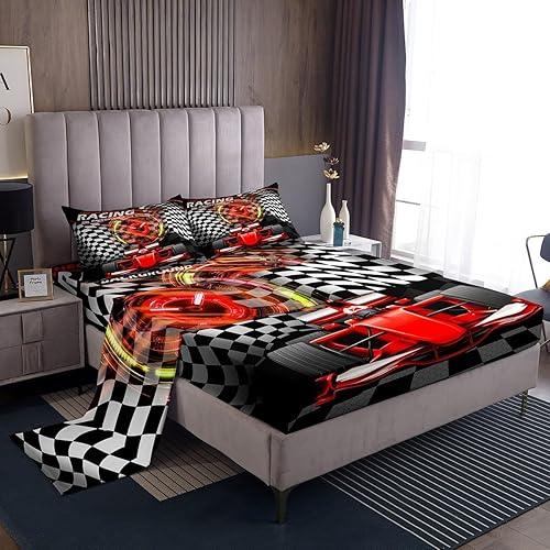 Feelyou Kids Red Racing Car Bedding Set Twin Size, Extreme Sports Bedding Set Karting Road Sheet Set Boys Girls Teens Bedroom Decor with 1 Pillow Case