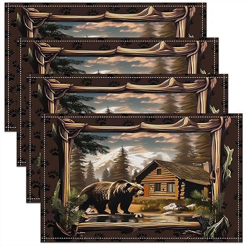 jejeloiu Bear Placemats Set of 4 18"x12" Rustic Cabin Lodge Table Mats for Decor Nature Wildlife Bear Place Mat for Kitchen Dining Table Party Decor Indoor Outdoor Farmhouse Brown
