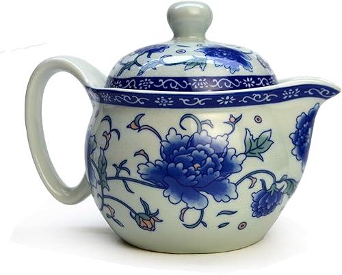Teapot 350ml Blue White Porcelain Flower with Infuser Stainless Steel Filter Cover Kungfu Tea Pot(Peony Blue)