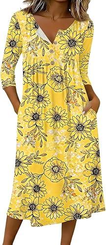 KIKX0DE Women's Casual V-Neck Button Down Dress with Pockets A-Line Flowy Summer Dress for Work Maternity