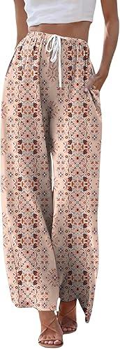 Linen Pants for Women Vintage Floral Palazzo Crop Pants Wide Leg Lounge Baggy Drawstring Waist Trousers