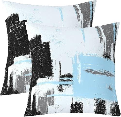 18 x 18-Inch Abstract Cushion Case Set of 2 Boys Girls Blue White Black Morden Throw Pillow Covers Ultra Soft Buffalo Check Decor Pillowcase Geometric Room Decor Soft Lightweight Microfiber Zipper