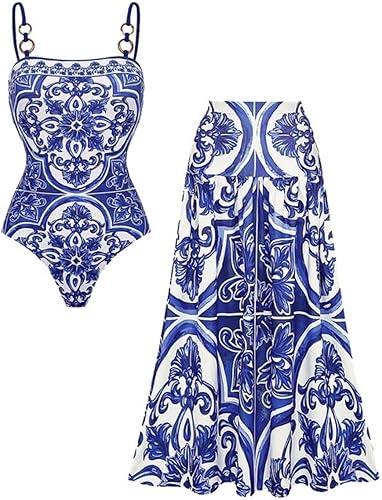 FLAXMAKER Women's One Piece Sling Classic Majolica Adjustable Bathing Suits Back Lace up Swimsuit with Skirt/Shorts
