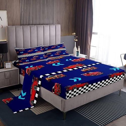 Feelyou Red Racing Car Bed Sheets Sets Queen Size Kids Boys Girls Speed Sports Car Bedding Set Racing Bed Sheet Set with 16-Inch Deep Pockets Black White Checked 4Pcs with 2 Pillow Cases