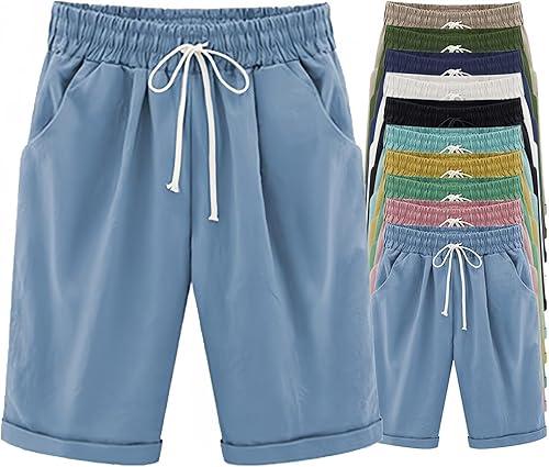 Shorts for Women Cotton Bermuda Shorts with Pockets Elastic Waist Knee Length Casual Athletic Walking Shorts