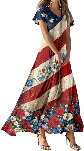 Forth of July Holiday Boho Graphic USA Modest Patriotic Independence Day Ruffle Hem Dresses, Xs-2Xl